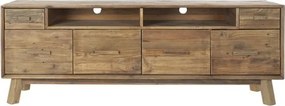 Comodă TV living din lemn reciclat, natur, cu 4 uși, 2 sertare, 2 nișe deschise și picioare oblice, finisaj antichizat, 65 x 180 x 48 cm, „Aubeline”
