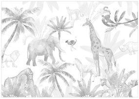 Fototapet - Safari tropical - animale sălbatice în nuanțe de gri pe fundal alb