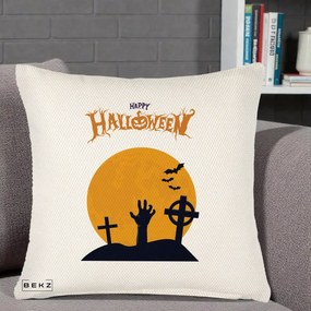 Perna Decorativa Happy Halloween Cimitir cu Luna, 40x40 cm, Crem Reliefat, Husa Detasabila, Perna Inclusa, BEKZ®
