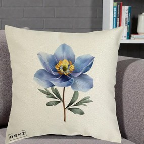 Perna Decorativa Anemona Albastra Botanica, 40x40 cm, Ecru, Husa Detasabila, Perna Inclusa, BEKZ®