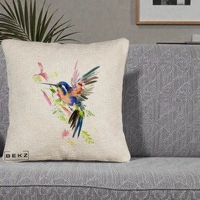 Perna Decorativa Colibri Acuarela, 40x40 cm, Bej Canapea, Husa Detasabila, Perna Inclusa, BEKZ®
