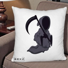 Perna Decorativa Moartea cu Coasa Grim Reaper Halloween, 40x40 cm, Alb Pufos, Husa Detasabila, Perna Inclusa, BEKZ®