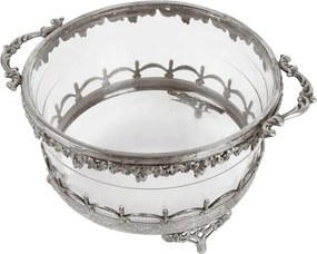 Suport lumânare din alamă și sticlă decorată manual, argintiu, cu două mânere sculptate și margine ornamentată, finisaj patinat, 14 x 15 cm, „Héloïse”