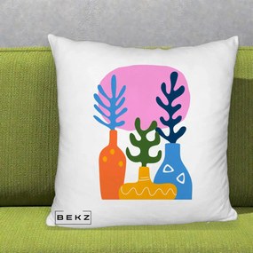 Perna Decorativa Vaze Botanice Abstract, 40x40 cm, Alb Pufos, Husa Detasabila, Perna Inclusa, BEKZ®