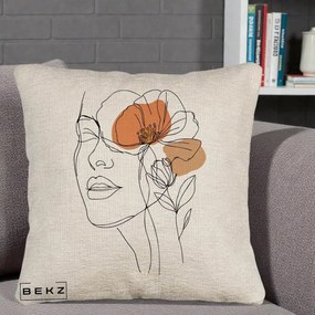 Perna Decorativa Portret Feminin Mac Profilat, 40x40 cm, Bej Canapea, Husa Detasabila, Perna Inclusa, BEKZ®