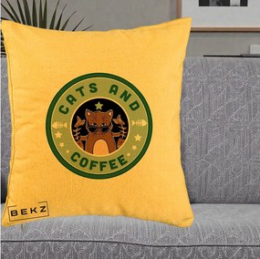 Perna Personalizata Cats and Coffee Starbucks, 40x40 cm, Galben, Husa Detasabila, Perna Inclusa, BEKZ®