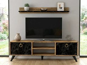 Suport TV ZEN 160 cm cu raft de perete, decor nuc/marmura neagra