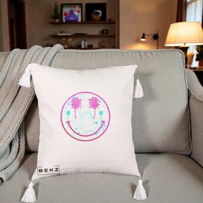Perna Decorativa Smiley Face Tropical Glitter Roz, 40x40 cm, Bej cu Franjuri, Husa Detasabila, Perna Inclusa, BEKZ®