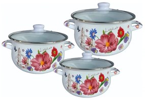 Set 3 oale cu capac din sticla Rosberg R54518H3G, 6 piese, Emailate, Inducție, Alb/Imprimeu floral