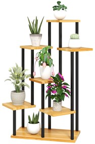 Outsunny Suport pentru plante cu 7 niveluri pentru interior și exterior, stand plante din oțel și lemn, lemn natural | Aosom Romania