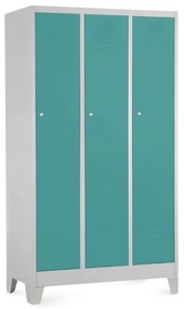 Dulap metalic - 3 compartimente, 90 x 50 x 160 cm, picioare fixe, încuietoare cilindrică, verde - ral 6033