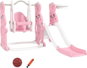 AIYAPLAY Tobogan și leagăn pentru copii 4 în 1 cu coș de baschet, tobogan, leagăn, 147,5x160x107cm, roz | Aosom Romania