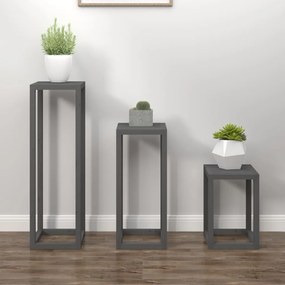 vidaXL Set suport de plante, 3 piese, gri, lemn masiv de pin