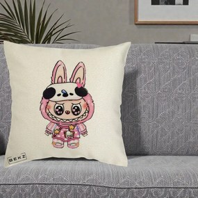 Perna Personalizata Labubu Panda-Bunny Roz, 40x40 cm, Ecru, Husa Detasabila, Perna Inclusa, BEKZ®