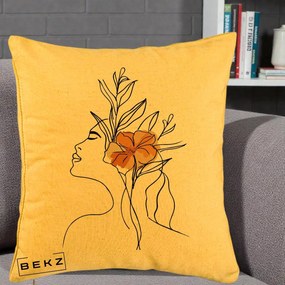 Perna Decorativa Portret Feminin Floare Portocalie Lateral, 40x40 cm, Galben, Husa Detasabila, Perna Inclusa, BEKZ®