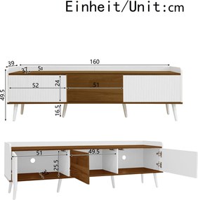 Comodă TV cu 3 uși, picioare din lemn și margine înaltă, 160x39x49,5 cm, Culoare naturală+Alb