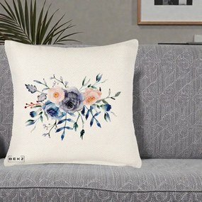 Perna Decorativa Buchet Flori Albastre Acuarela, 40x40 cm, Crem Reliefat, Husa Detasabila, Perna Inclusa, BEKZ®