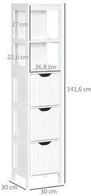 HOMCOM Coloană înaltă de Baie Îngustă cu 3 Sertare și 2 Rafturi Deschise Stil Modern 30x30x141,6 cm Alb | Aosom Romania