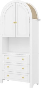 Dulap de depozitare înalt cu arc, cu 3 sertare, uși și compartiment deschis pentru expunere, pentru bucătărie și living, 70x35x180 cm, Alb