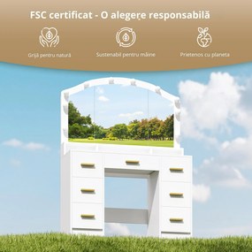 HOMCOM Masuta de Toaleta 3-in-1 cu Oglinda, Masuta de Noapte, Scaun cu Rotile, Sertare, Alb | Aosom Romania