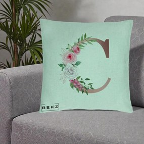 Cadou Personalizat - Perna Personalizata Monograma Rose Gold Litera C, 40x40 cm, Verde Menta, Husa Detasabila, Perna Inclusa, BEKZ®