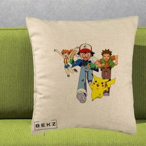Perna Personalizata Pokemon Ash Misty Brock si Pikachu, 40x40 cm, Bej, Husa Detasabila, Perna Inclusa, BEKZ®