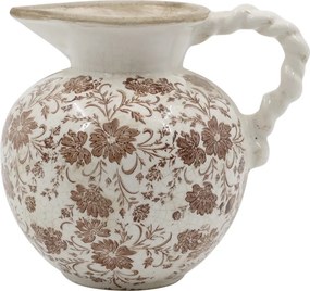 Carafă albă din ceramică antichizată, pictată manual, cu motiv floral natur, 18,5x20,5 cm, „Grenoble"