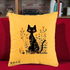 Perna Decorativa Pisica Neagra Ochi Galbeni Flori Galbene, 40x40 cm, Galben, Husa Detasabila, Perna Inclusa, BEKZ®