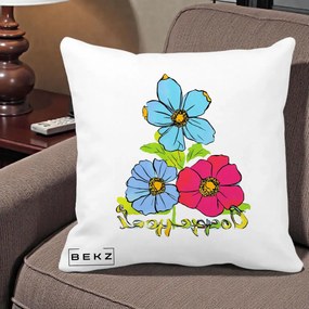 Perna Decorativa Trei Flori Grafice Pop Art, 40x40 cm, Alba Mata, Husa Detasabila, Perna Inclusa, BEKZ®