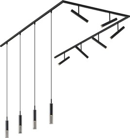 Sistem de iluminat pe șină modern negru cu 6 spoturi și 4 lumini suspendate negre monofazate - Slimline Avery Loyce