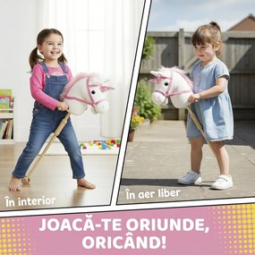 AIYAPLAY Căluț unicorn pe băț pentru copii 24 luni+, cu sunete realiste și roți, 95x25x27 cm, alb | Aosom Romania