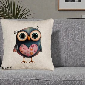 Perna Decorativa Bufnita cu Inimioare Roz, 40x40 cm, Bej Canapea, Husa Detasabila, Perna Inclusa, BEKZ®