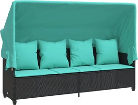 vidaXL Șezlong cu baldachin și perne, negru, poliratan