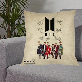 Perna Personalizata K-pop BTS Semnaturi Foto, 40x40 cm, Crem, Husa Detasabila, Perna Inclusa, BEKZ®