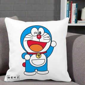 Perna Personalizata Doraemon Salutand, 40x40 cm, Alba Mata, Husa Detasabila, Perna Inclusa, BEKZ®