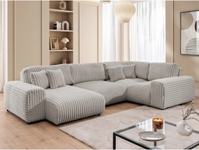 Colțar gri deschis cu tapițerie din catifea reiată (cu colț pe partea dreaptă/în formă de "U") Justin – Ropez