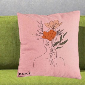 Perna Decorativa Portret Feminin Coroana Florala, 40x40 cm, Roz, Husa Detasabila, Perna Inclusa, BEKZ®