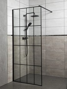 Cabină de duș walk-in Techno 90 90x200 cm, profil negru, sticlă transparentă cu model de grilă