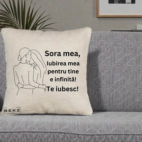 Cadou pentru Sora - Perna Personalizata Sora Mea Te Iubesc Imbratisare din Spate Line Art, 40x40 cm, Bej Canapea, Husa Detasabila, Perna Inclusa, BEKZ®