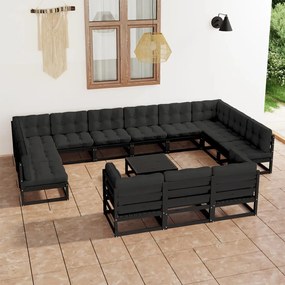 3077293 vidaXL Set mobilier grădină cu perne, 14 piese, negru, lemn masiv pin
