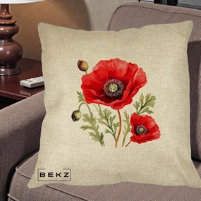 Perna Decorativa Maci Rosii Acuarela, 40x40 cm, Crem, Husa Detasabila, Perna Inclusa, BEKZ®