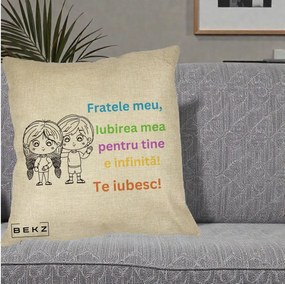 Cadou pentru Frate - Perna Personalizata Fratele Meu Te Iubesc Copii Anime Colorat, 40x40 cm, Crem, Husa Detasabila, Perna Inclusa, BEKZ®