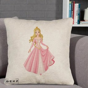 Perna Decorativa Printesa Aurora Rochie Roz, 40x40 cm, Bej Canapea, Husa Detasabila, Perna Inclusa, BEKZ®