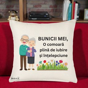 Cadou pentru Bunici - Perna Personalizata Bunicii Mei Comoara Cuplu Senior cu Flori Colorat, 40x40 cm, Crem Reliefat, Husa Detasabila, Perna Inclusa, BEKZ®