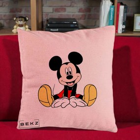 Perna Personalizata Mickey Mouse Relaxat, 40x40 cm, Roz, Husa Detasabila, Perna Inclusa, BEKZ®