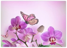 Tablou pe sticlă - Fluture pe flori de orhidee, liliac (70x50 cm)