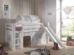 Pat Supraetajat PINO cu Tobogan, Cort și Tunel BIRDY, Alb (Pin Masiv și Textil) – PINO – Vipack