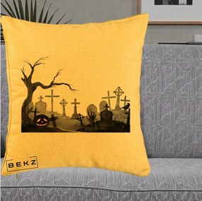 Perna Decorativa Halloween Cimitir Acuarela cu Dovleac, 40x40 cm, Galben, Husa Detasabila, Perna Inclusa, BEKZ®