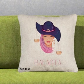 Perna Personalizata Zodiac Balanta Cowgirl, 40x40 cm, Bej Canapea, Husa Detasabila, Perna Inclusa, BEKZ®