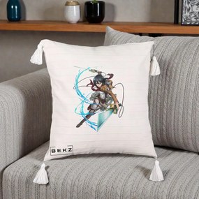 Perna Personalizata Attack on Titan Mikasa Ackerman Lupta, 40x40 cm, Bej cu Franjuri, Husa Detasabila, Perna Inclusa, BEKZ®